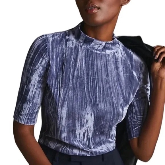 Pilcro Anthropologie Velvet Mock Neck Purple Textured Short Sleeve Top Size XS - Picture 1 of 11
